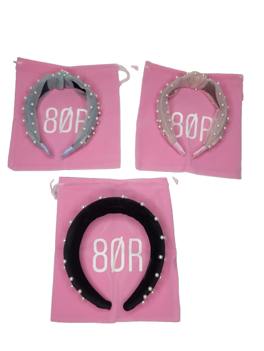 Lot of 3 Faux Pearl Jeweled Headband w/Pouch black pink blue by 8 Other Reasons